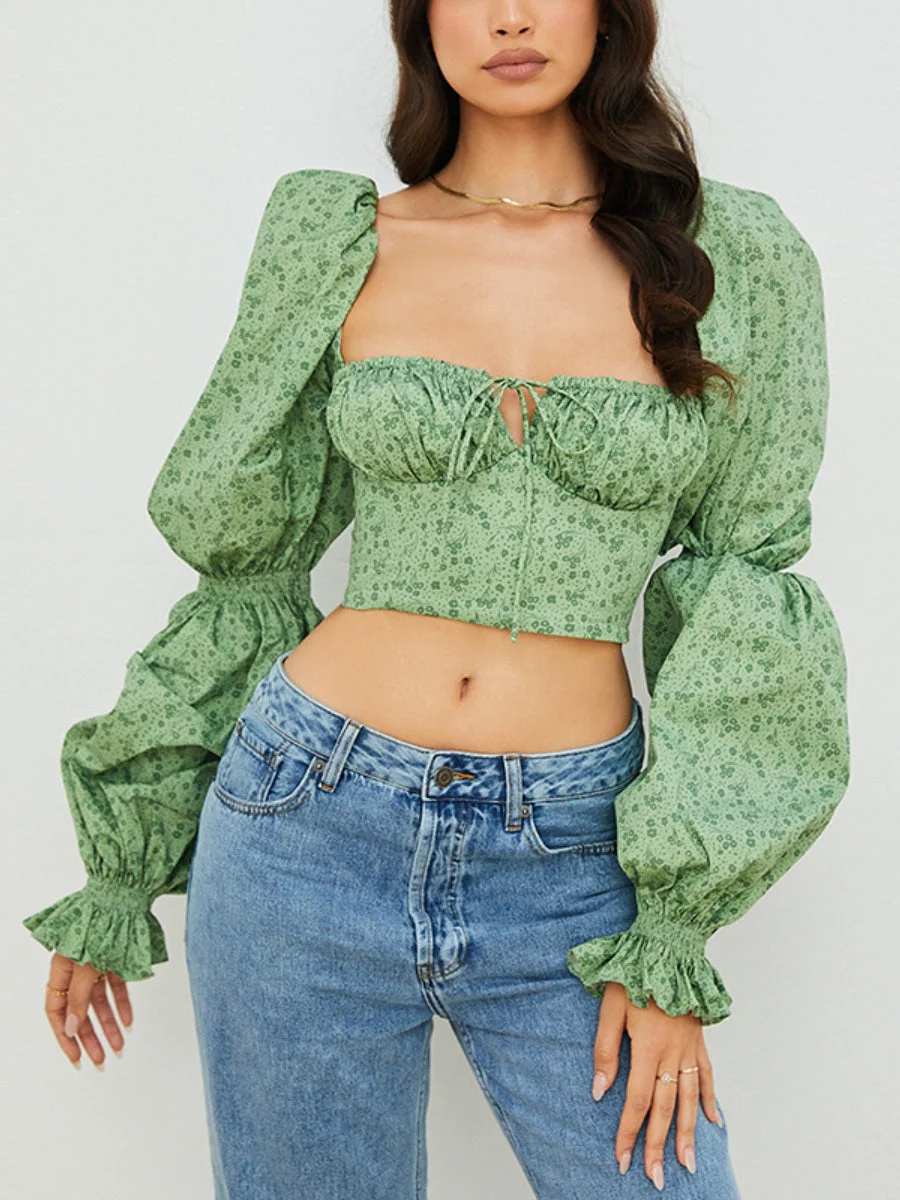 Women's Floral Tops Bell Sleeve Square Neck Ruched Tie Crop Top