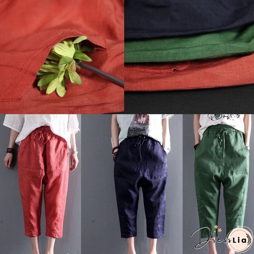 Orange pockets linen summer crop pants plus size
