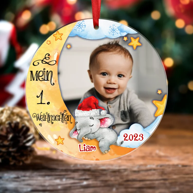 Kettenmachen Acryl Weihnachtsornament-Personalisierter 1 Name & Foto & Jahr & Ordinalzahl Halbmond Rund Baby Ornament/Schlüsselanhänger mit Schlüsselring