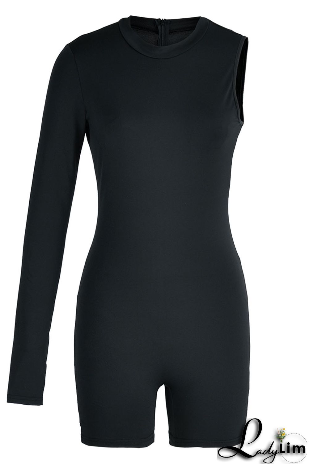 Black Sexy Sportswear Solid Patchwork Asymmetrical O Neck Skinny Jumpsuits