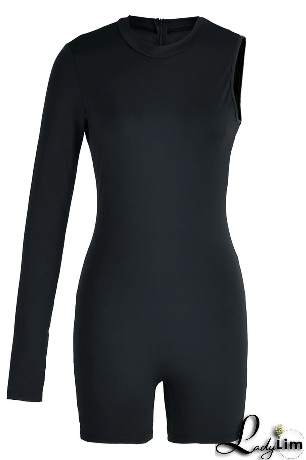 Black Sexy Sportswear Solid Patchwork Asymmetrical O Neck Skinny Jumpsuits