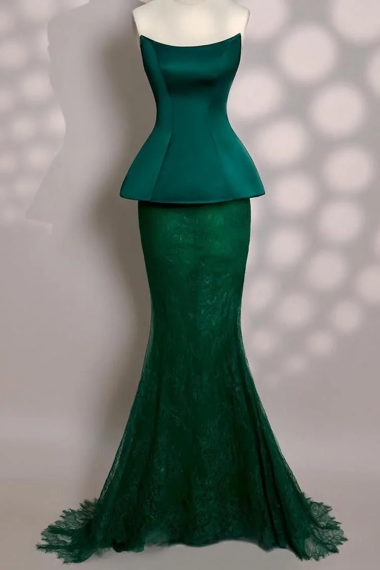 Miabel Amazing Dark Green Satin Sleeveless Strapless Mermaid Prom Dress with Lace 