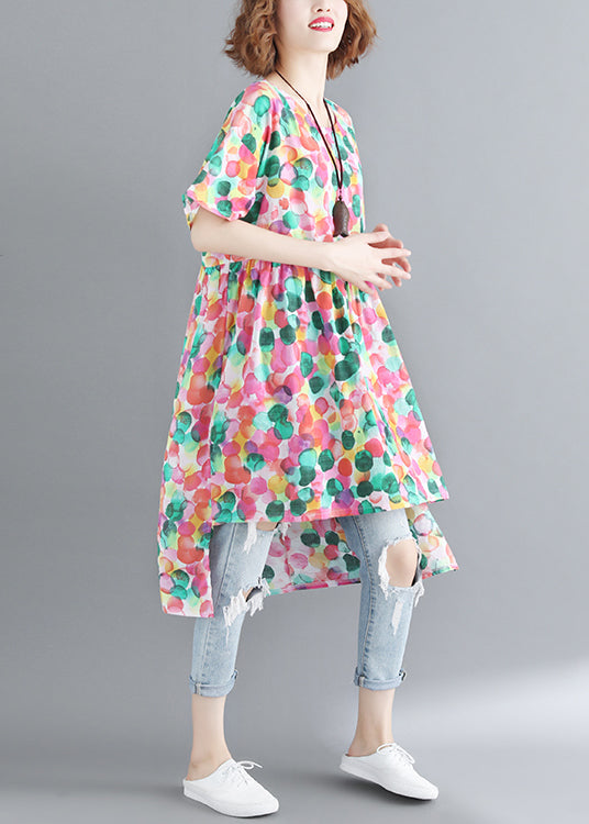 VCSHOES O-Neck Cinched Dot Print low high design Dress Short Sleeve