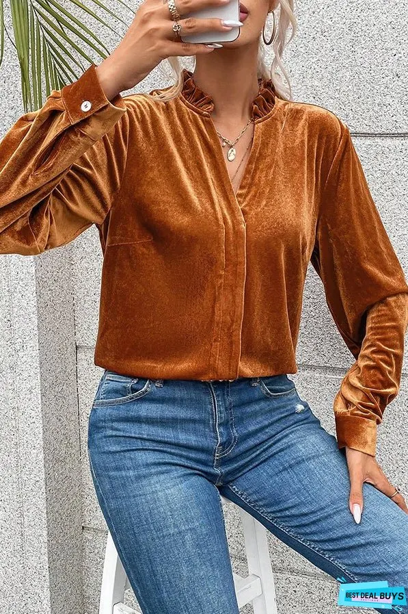 Gold Flame Frilled V Neck Velvet Blouse