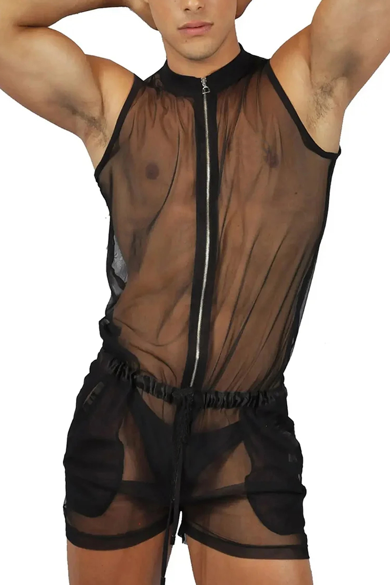 Men's Zipper Designed Black See Through Mandarin Collar Sleeveless Romper