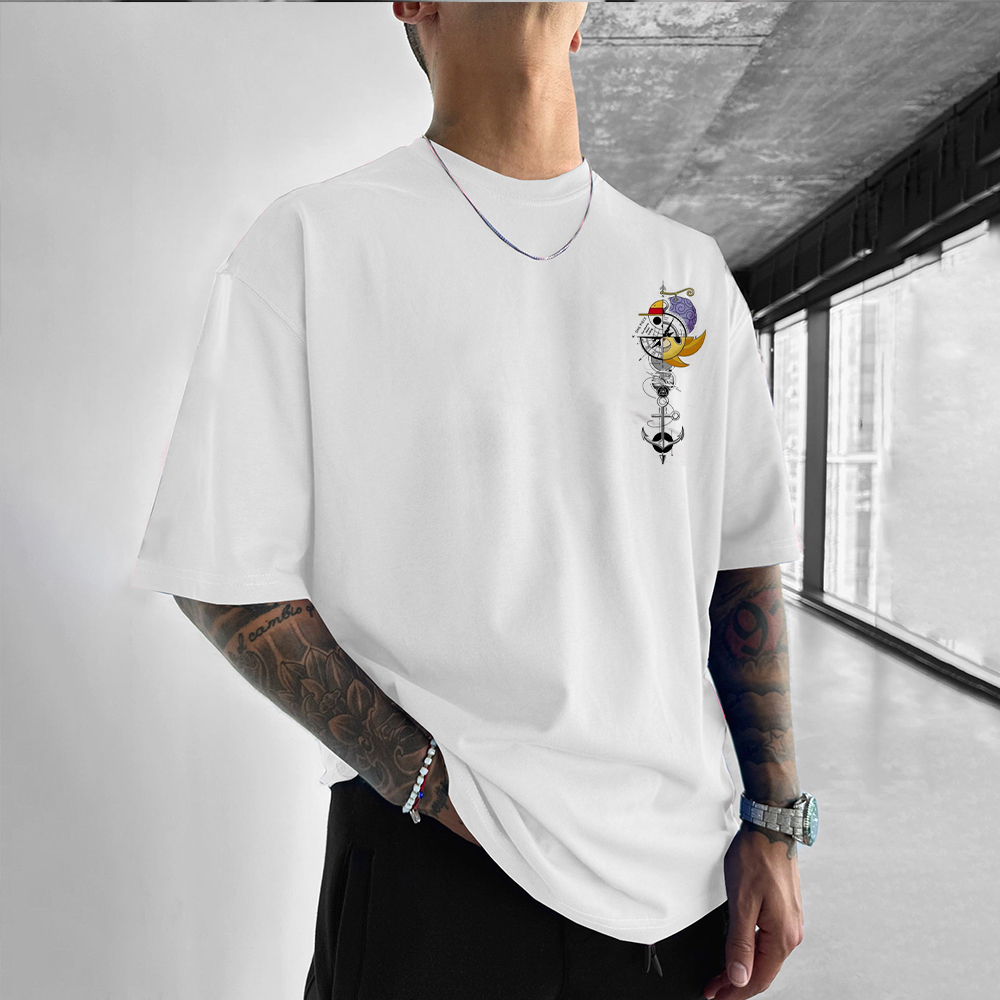 Men's Fashionable Tattoo Printed Drop Shoulder T-Shirt