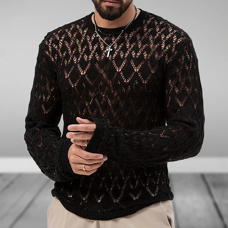 Casual Crew Neck Hollow Out Long Sleeve Knitted Sweater