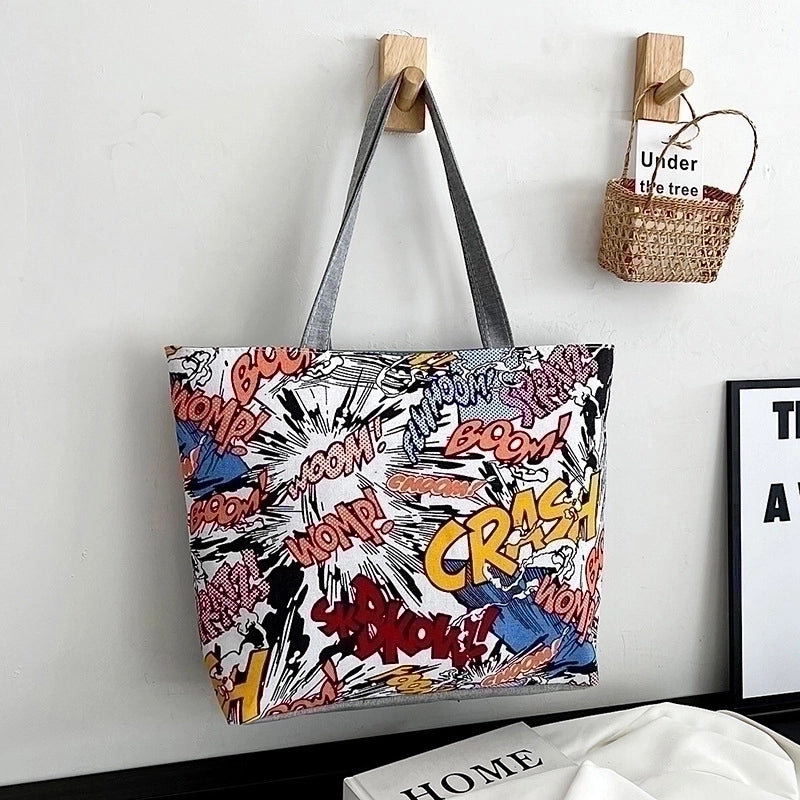 Women’s Streetwear Color Block Flower Canvas Shopping Bags