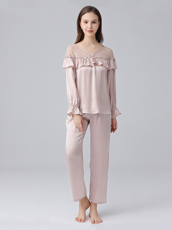 19 Momme Silk Ruffle Boatline Printed Pajamas-Real Silk Life