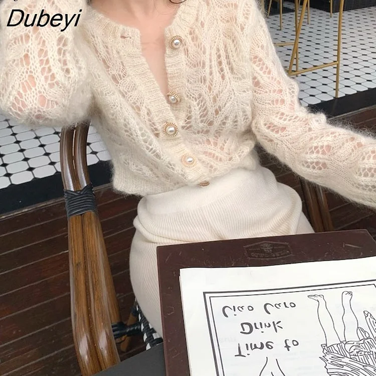 Dubeyi Elegant Female Cardigan Autumn Winter Long Sleeve Women Knitted Cardigan Sweater Fashion Hollow Out Sweaters Tops 16179