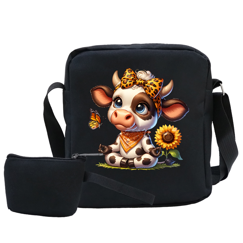 Wingreater Men Women Canvas Shoulder Bag Cartoon Cow Small Messenger Bag Student Cute Korean Harajuku Unisex Crossbody Bags Phone Purses Women's shoulder bags
