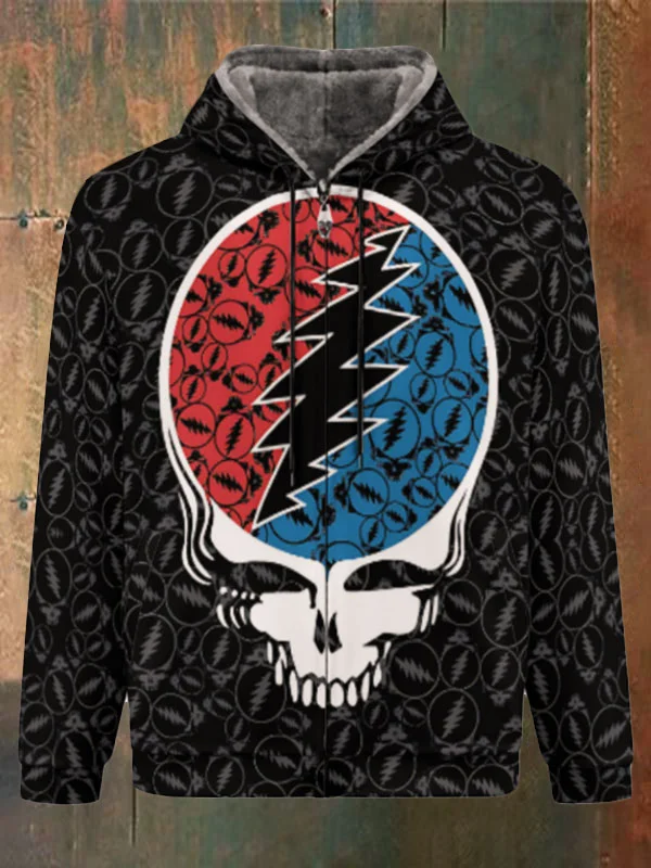 Unisex Skull Print Double Layer Fleece Zip-Up Hooded Jacket