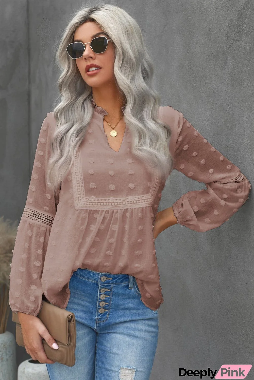 Chic Pink Ruffled Split Neck Lace Hollow Out Puff Sleeve Polka Dot Blouse