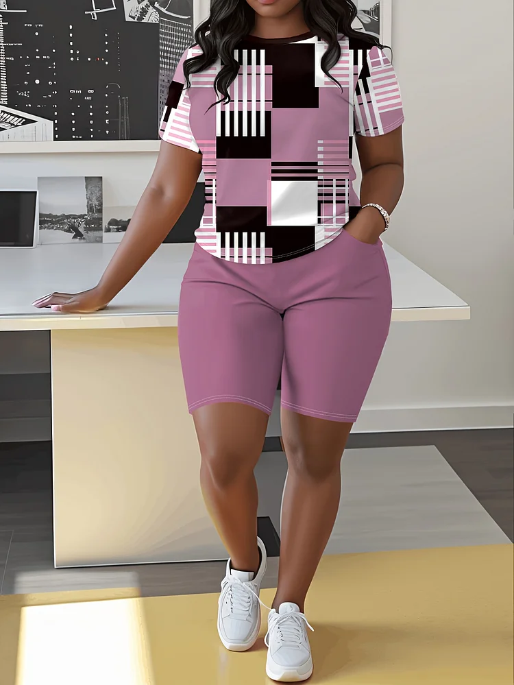 Two Piece Set - Color Spliced Striped Round Neck Short Sleeved Top And Women's Shorts Set, Summer Casual Clothing