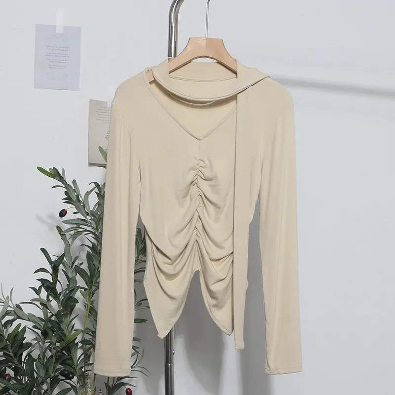 Uveng Real Shooting Explosion Long-Sleeved T-Shirt Girl Autumn Folded Waist-Bottomed Shirt V-Neck Ribbon Open Fork Short Top 9080