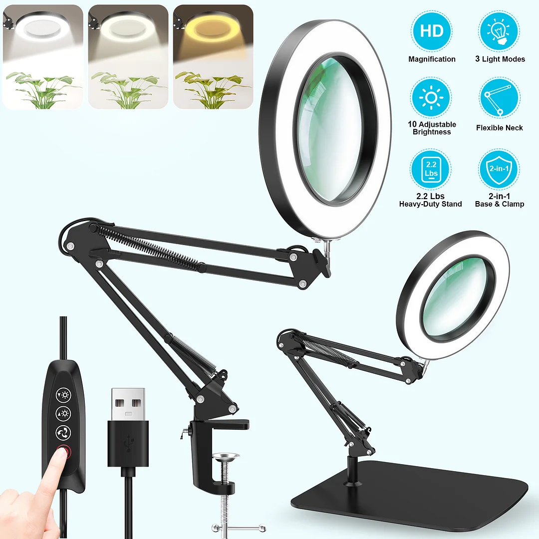 BEBANG Magnifying Glass with Light, 3 Color Modes, 4.2″ Real Glass Lens LED Desk Lamp, Magnifier Light and Stand for Crafts Welding Close Work