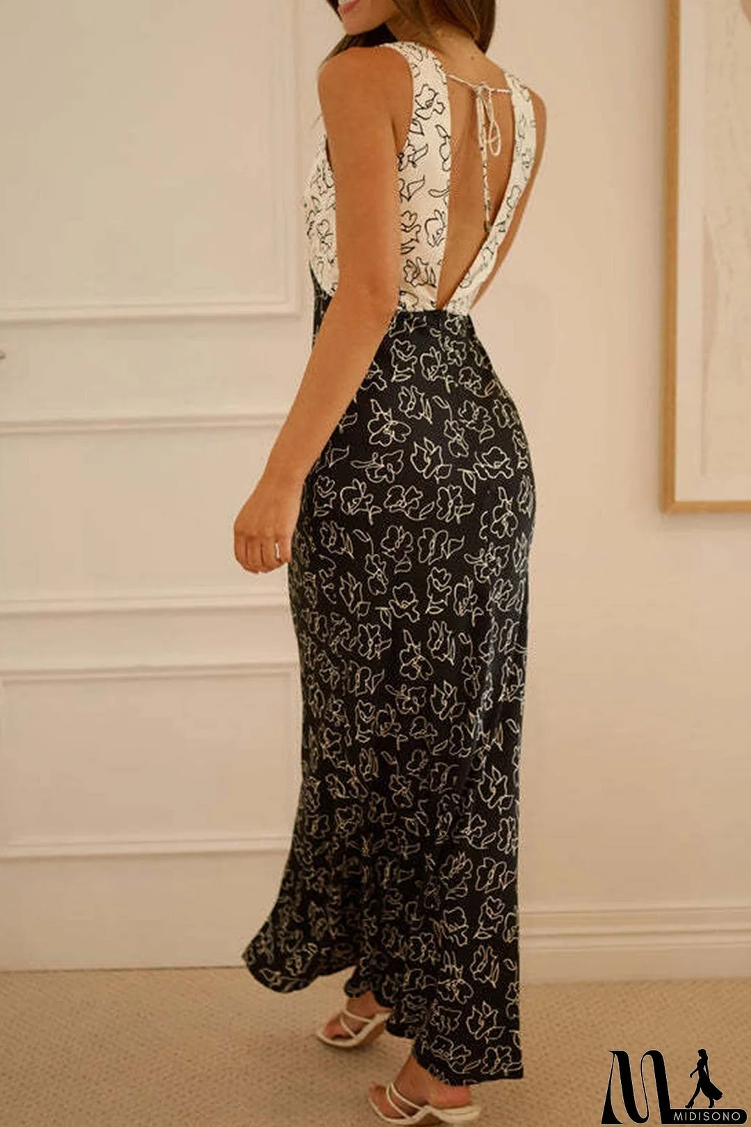 MidiSono - Contrast V Neck Floral Print Tie-back Dress