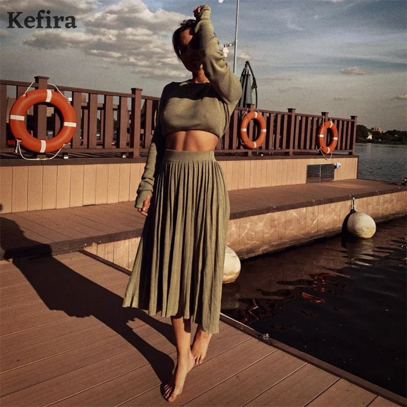 Kefira 2022 Knitted Sweater Long Skirts Two Piece Set Women Suits With Skirt Crop Top Button Sexy Split Dress Suits Outfits