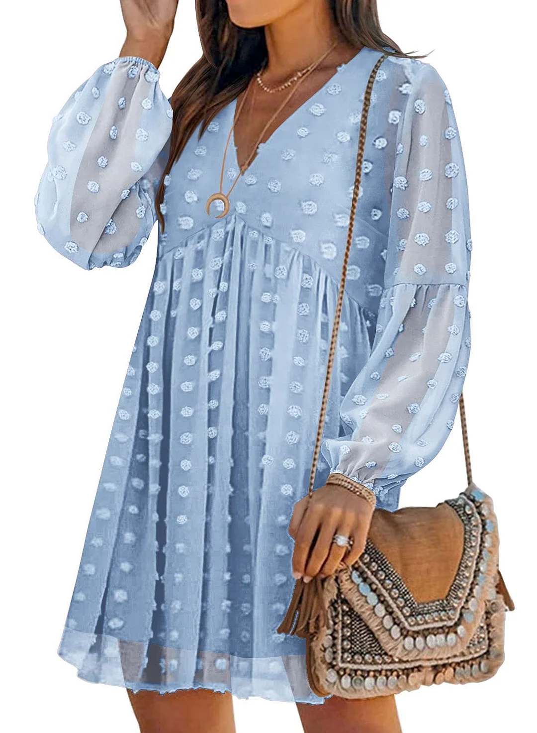 MIHOLL Women's V Neck Short Sleeve Ruffle Loose Summer Flowy Mini Dress