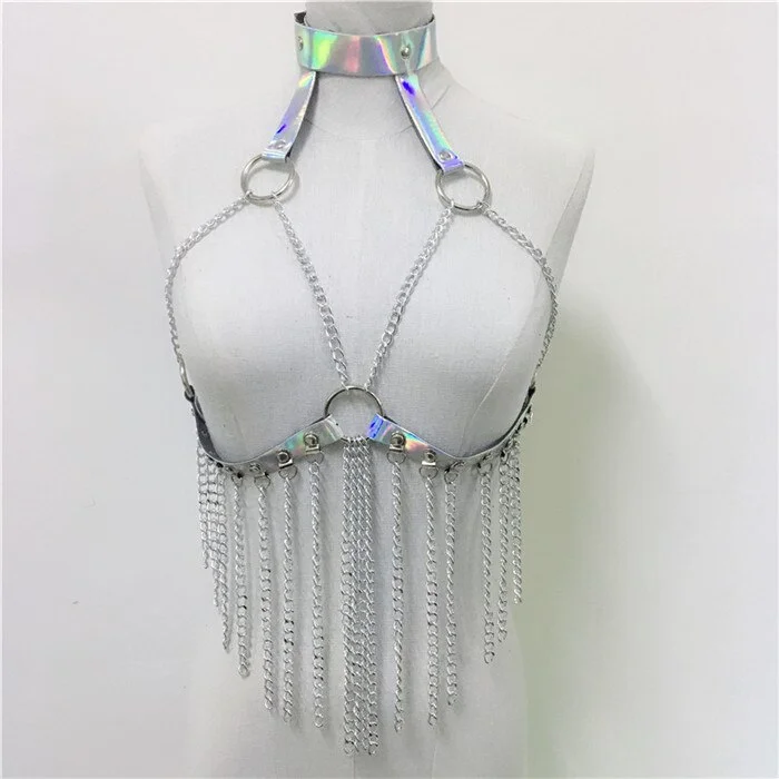 Uveng Faux Leather Hollow Out Crop Top Women Link Chain Long Tassel Tank Tops Stage Performance Costume Party Rave Festival Tops