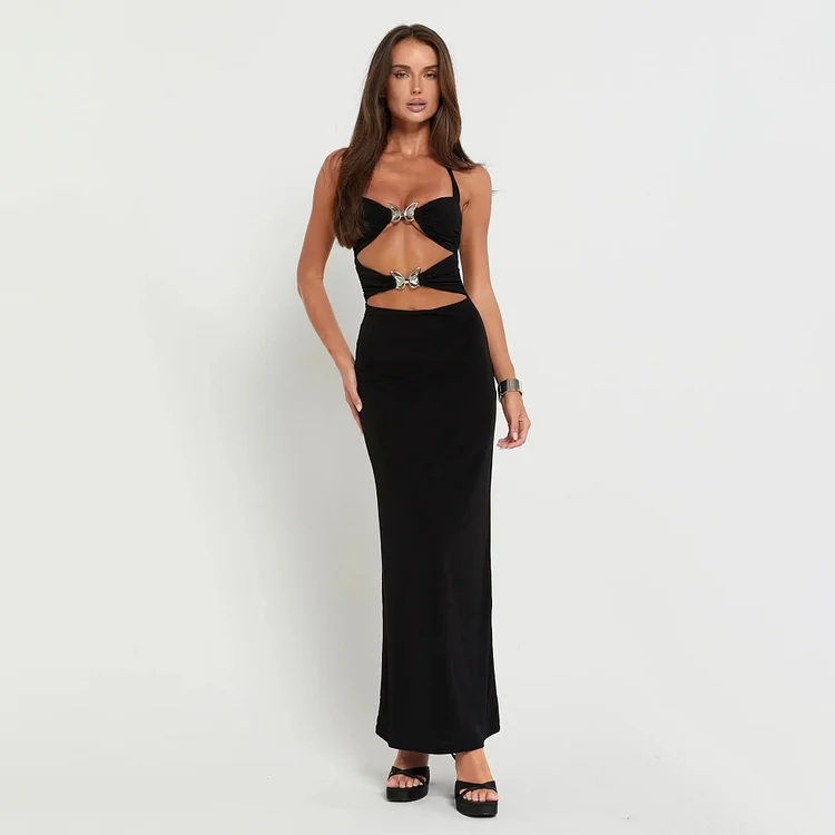 Solid Color Backless Stitching Bow Tie Suspender Dress