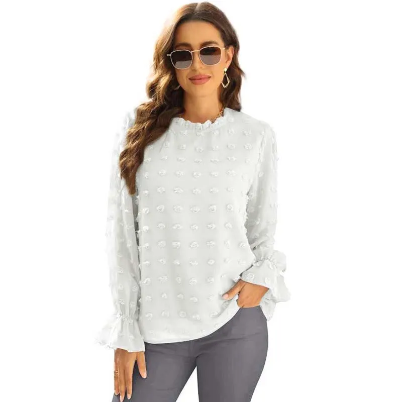 Women Solid Blouse Fashion Jacquard Stand Neck Long Sleeve Chic Office Work Tops Lady Plus Size Casual Elegant Chiffon Shirts
