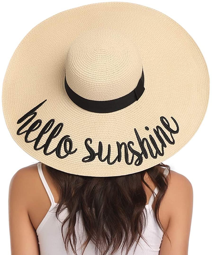 Womens Wide Brim Straw Hat Floppy Foldable Roll up Cap Beach Sun Hat UPF 50+