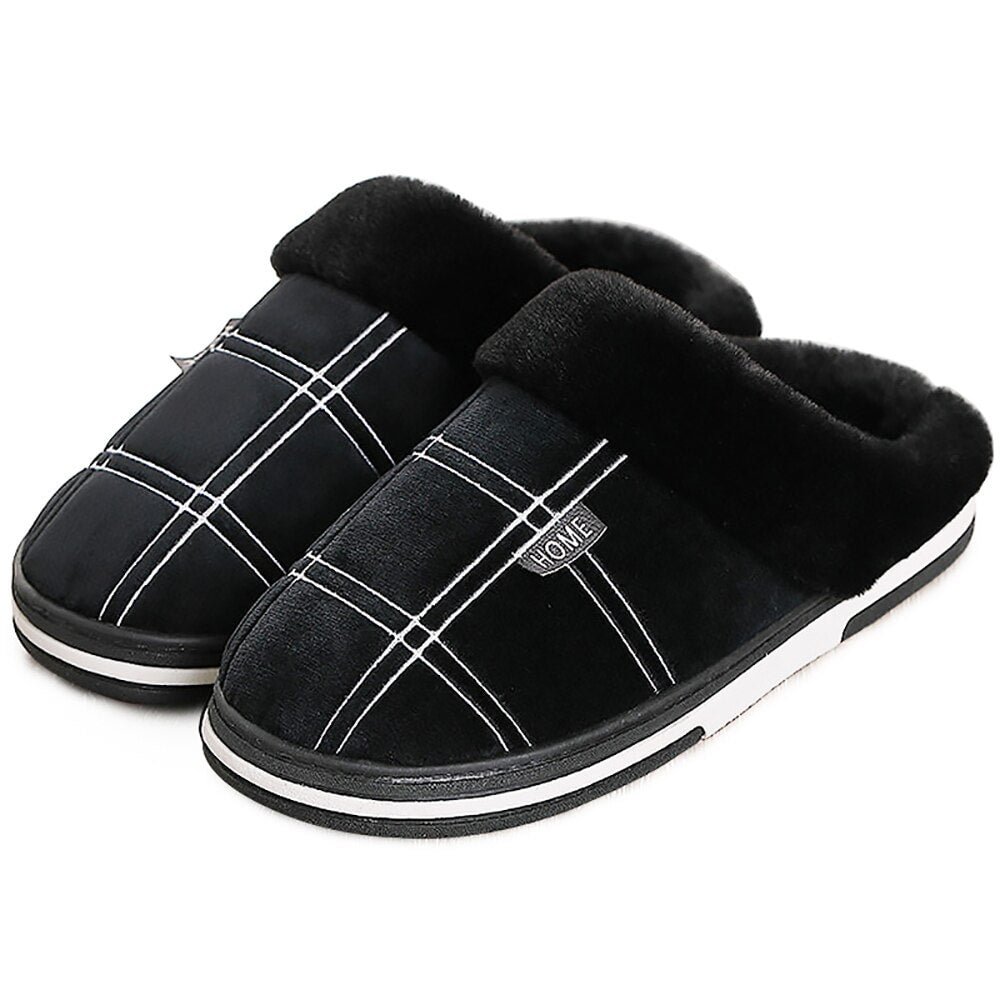 Men Slippers Short Plush Slippers Warm Comfy Home Slippers for Men Non-slip Gingham Indoor Slippers Men Casual Home Shoes