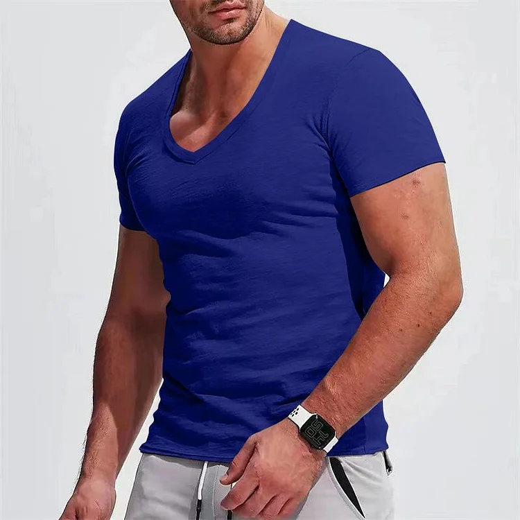 Men's V-neck Solid Color Slim Thin Short Sleeve T-Shirt