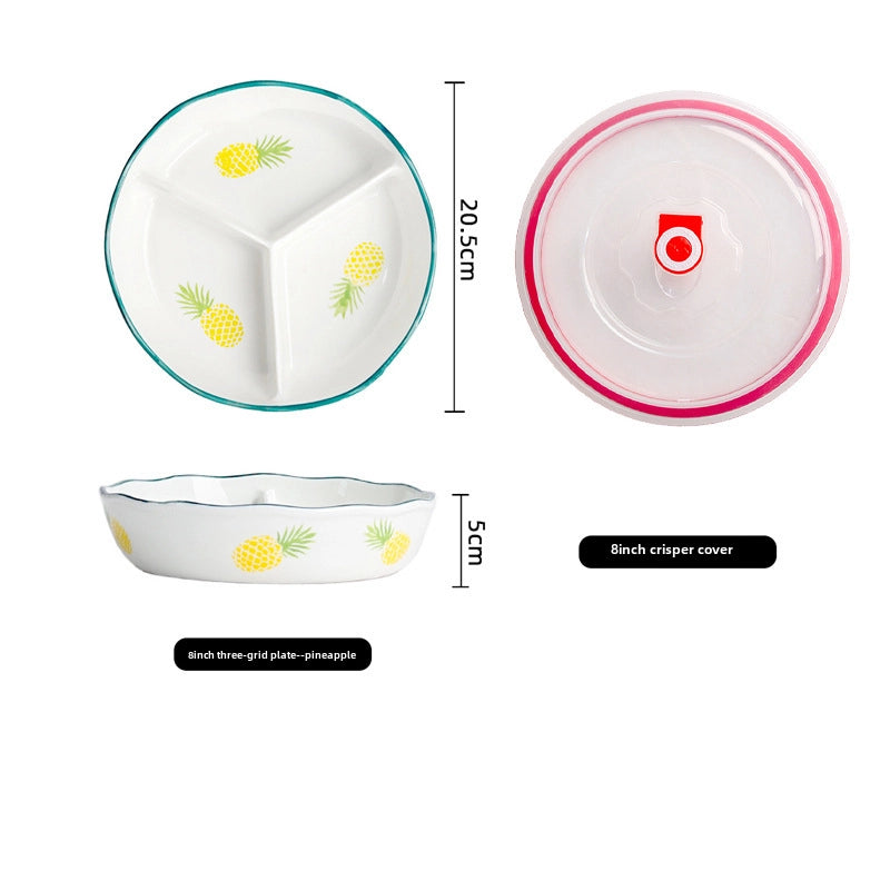 Ceramic Compartment Deep Bowl With Lid Sealed Partition Bowl Heat-resistant Microwave Oven Special Three-compartment Bowl Plate Snack Lunch Box