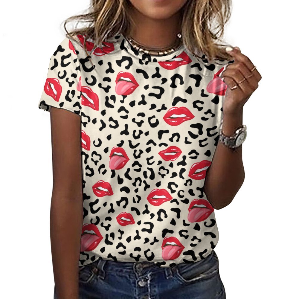 Lips Kiss Leopard T-shirt Custom Women Plus Size Blouse Tunics Tops Personalized Short Sleeve T Shirt Gift For her