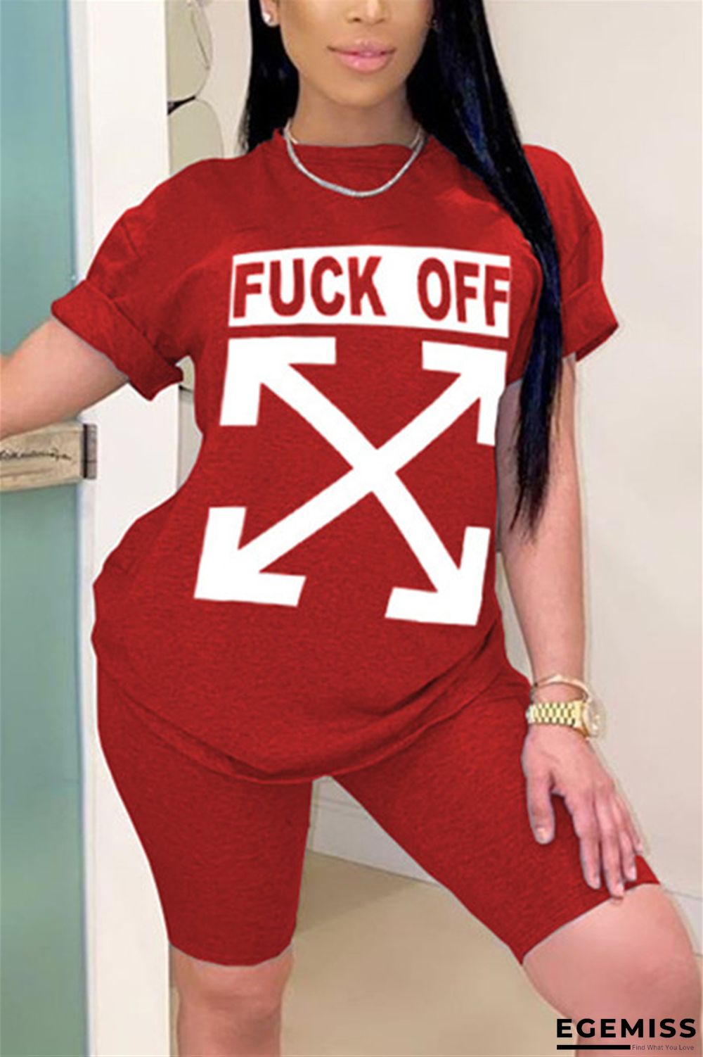 Wine Red Fashion Casual Letter Printed T-shirt Sports Set | EGEMISS