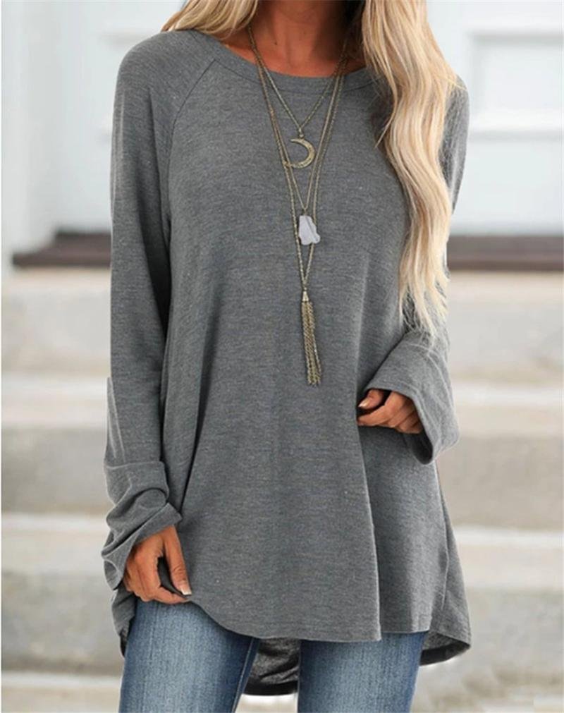 Women Casual Crew Neck Solid Long Sleeve Shirts & Tops