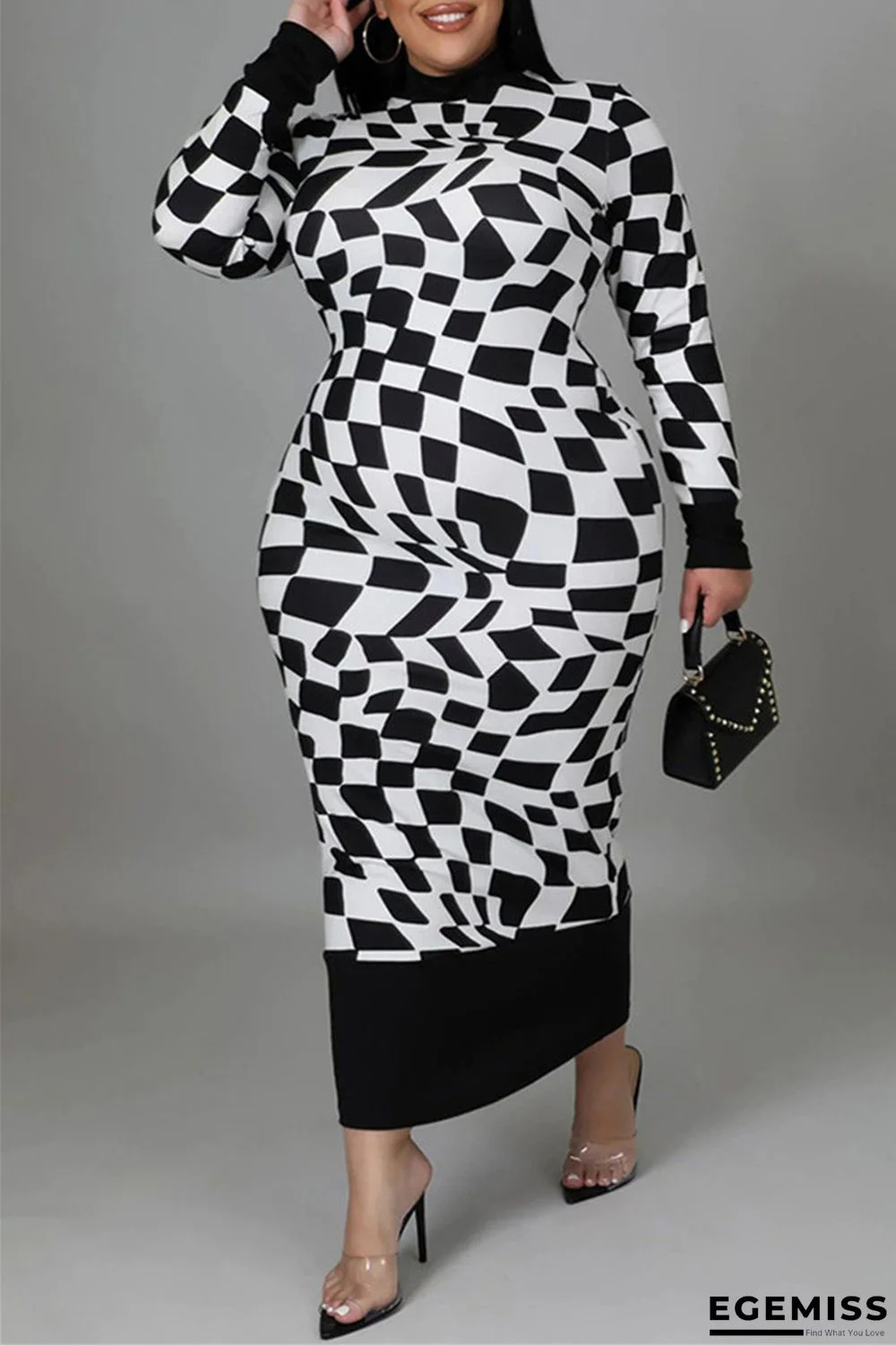 White Casual Plaid Print Patchwork Half A Turtleneck Long Sleeve Plus Size Dresses | EGEMISS