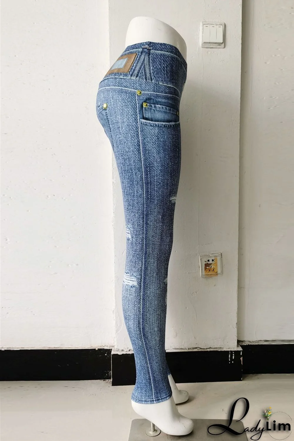 Blue Fashion Casual Sportswear Print Split Joint Skinny High Waist Pencil Trousers