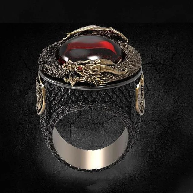 Gold Dragon Red Crystal Stainless Steel Ring