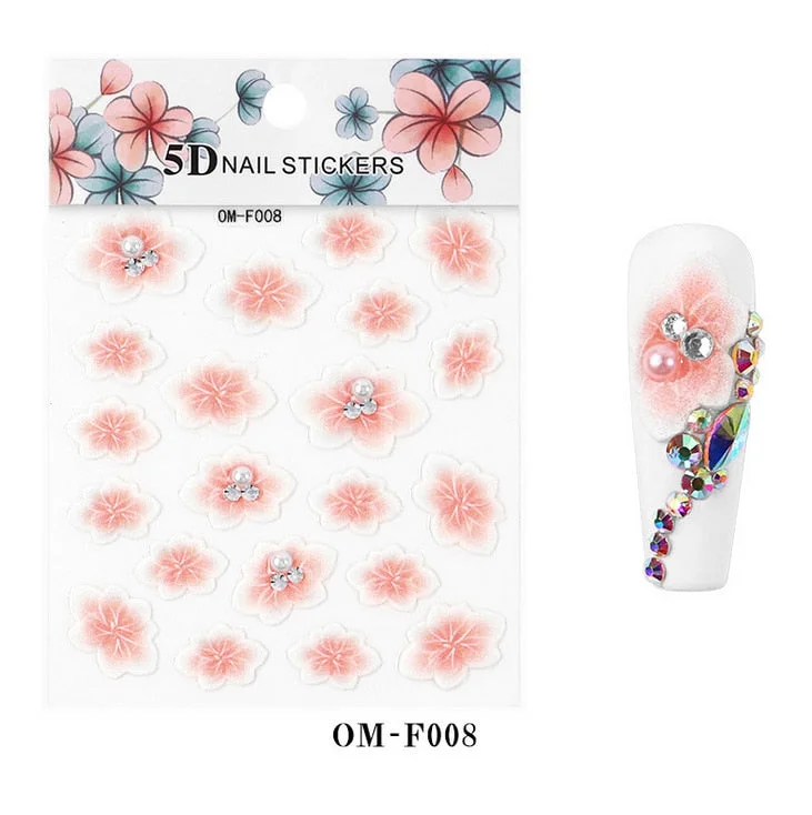 Nail Stickers Embossed 5D Flowers With Pearls Rhinestones Back Glue Nail Decals Decoration Tips For Beauty Salons-Nail Inspo