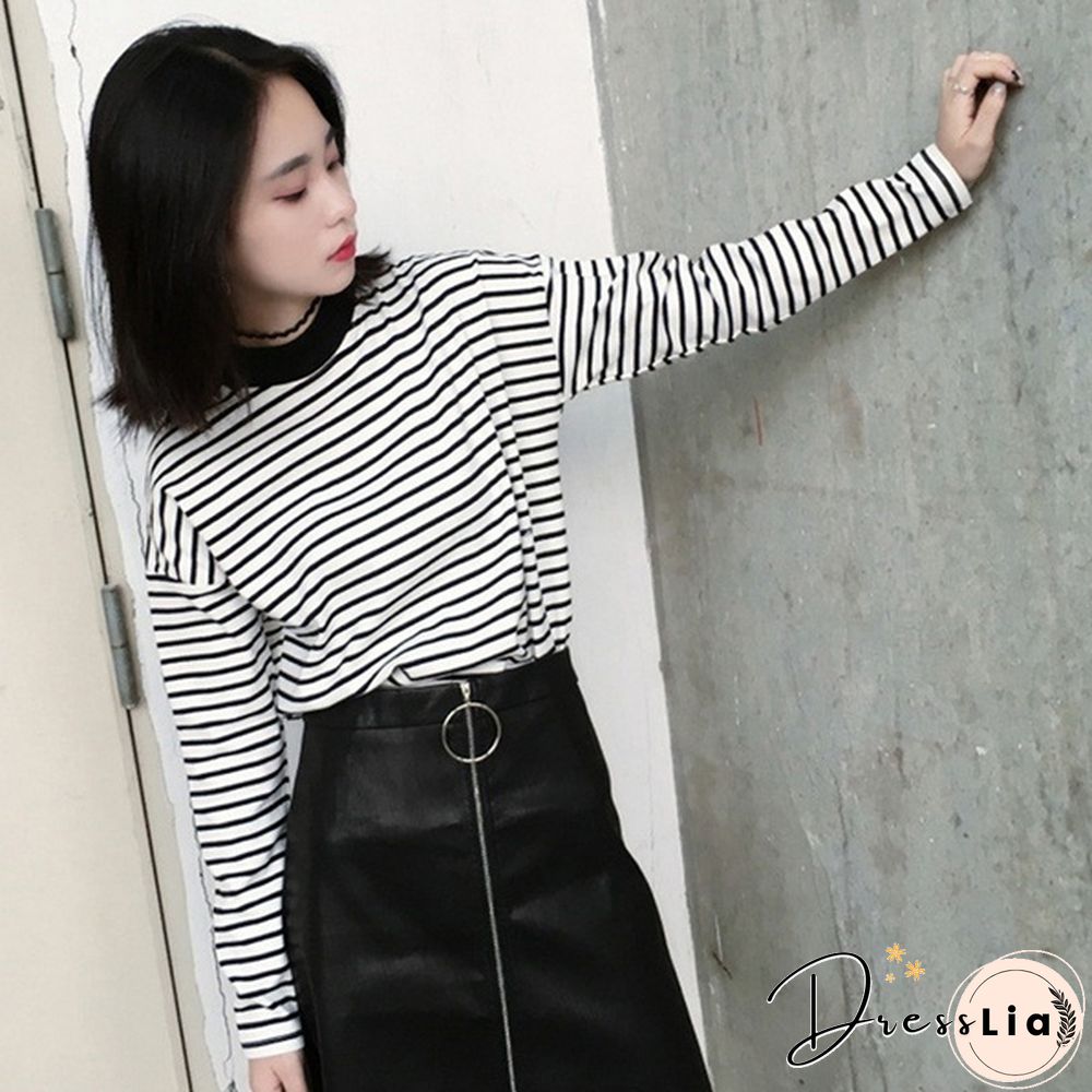 Women Turtleneck Korean Style Crop Top Long Sleeve Striped Tops Female Shirt Casual Harajuku Tops