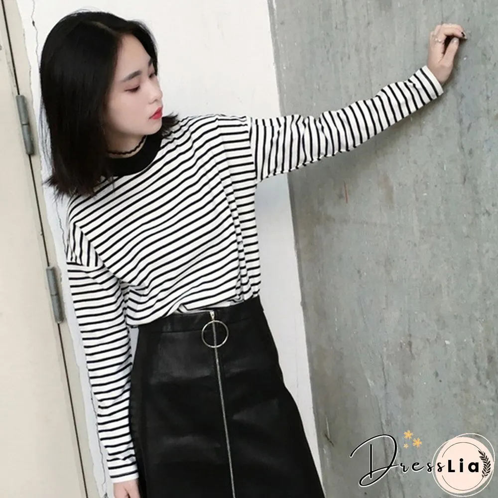 Women Turtleneck Korean Style Crop Top Long Sleeve Striped Tops Female Shirt Casual Harajuku Tops