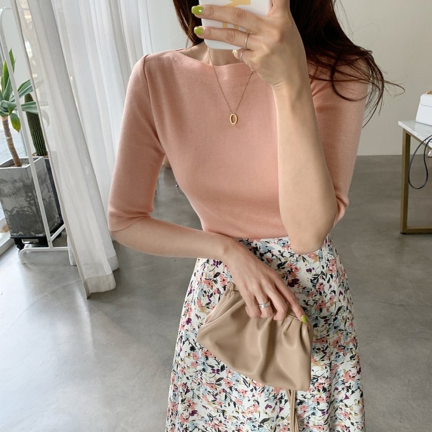 New Knit T-Shirt Women Femme O-Neck Korean Style Office Lady Summer Top Basic T-Shirt