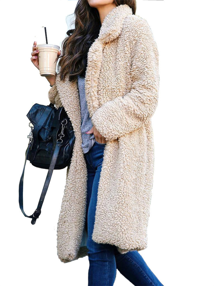 Autumn and Winter Solid Color Long-sleeved Lapel Women Plush Top Temperament Commuter Double-sided Velvet Long Coat Coat | 168DEAL
