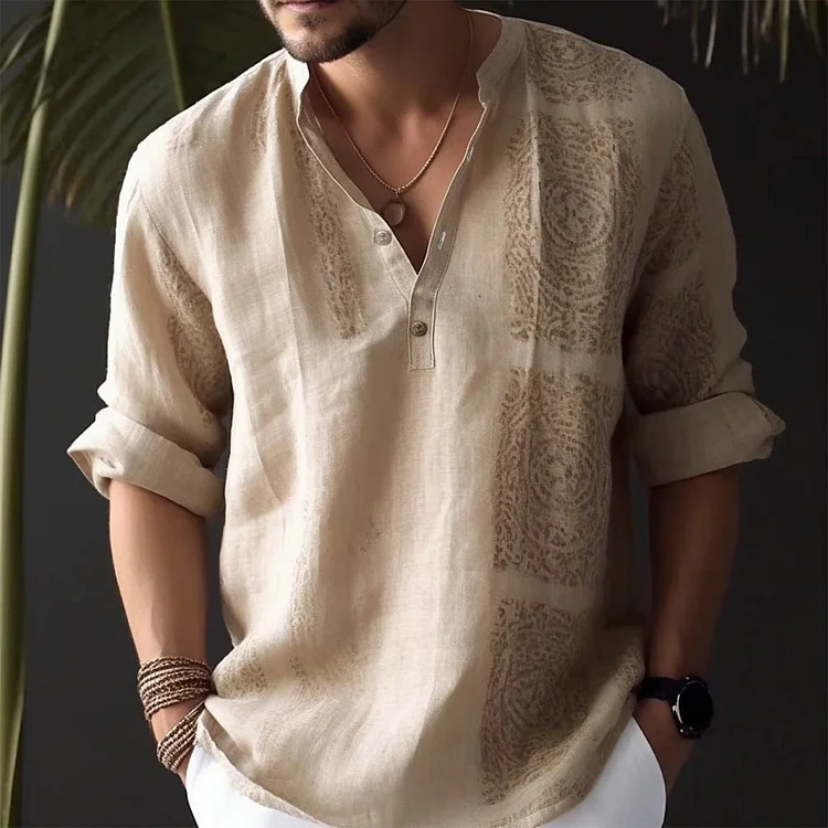 Vintage Patterned Cotton And Linen Henley Collar Shirt