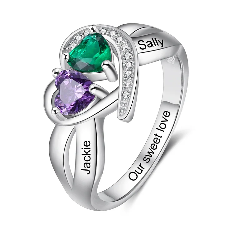 Personalized Mothers Ring with 2 Birthstones Heart Customized Ring for Mom