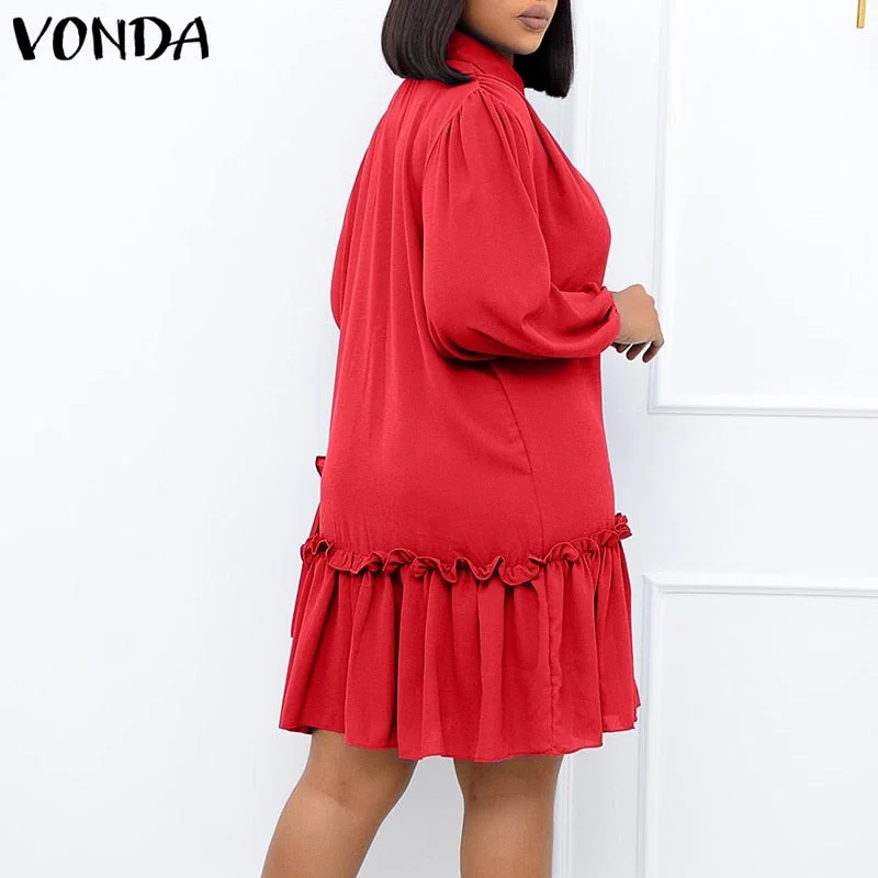 Autumn Long Sleeve Dress 2022 VONDA Women Casual Turn Down Neck Party Dress Ruffled Robe Femme Oversized Vestidos
