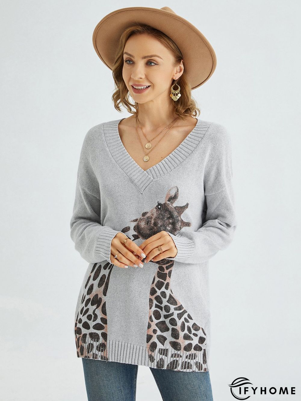 Casual Animal V Neck Cotton Tunic Sweater Knit Jumper | IFYHOME