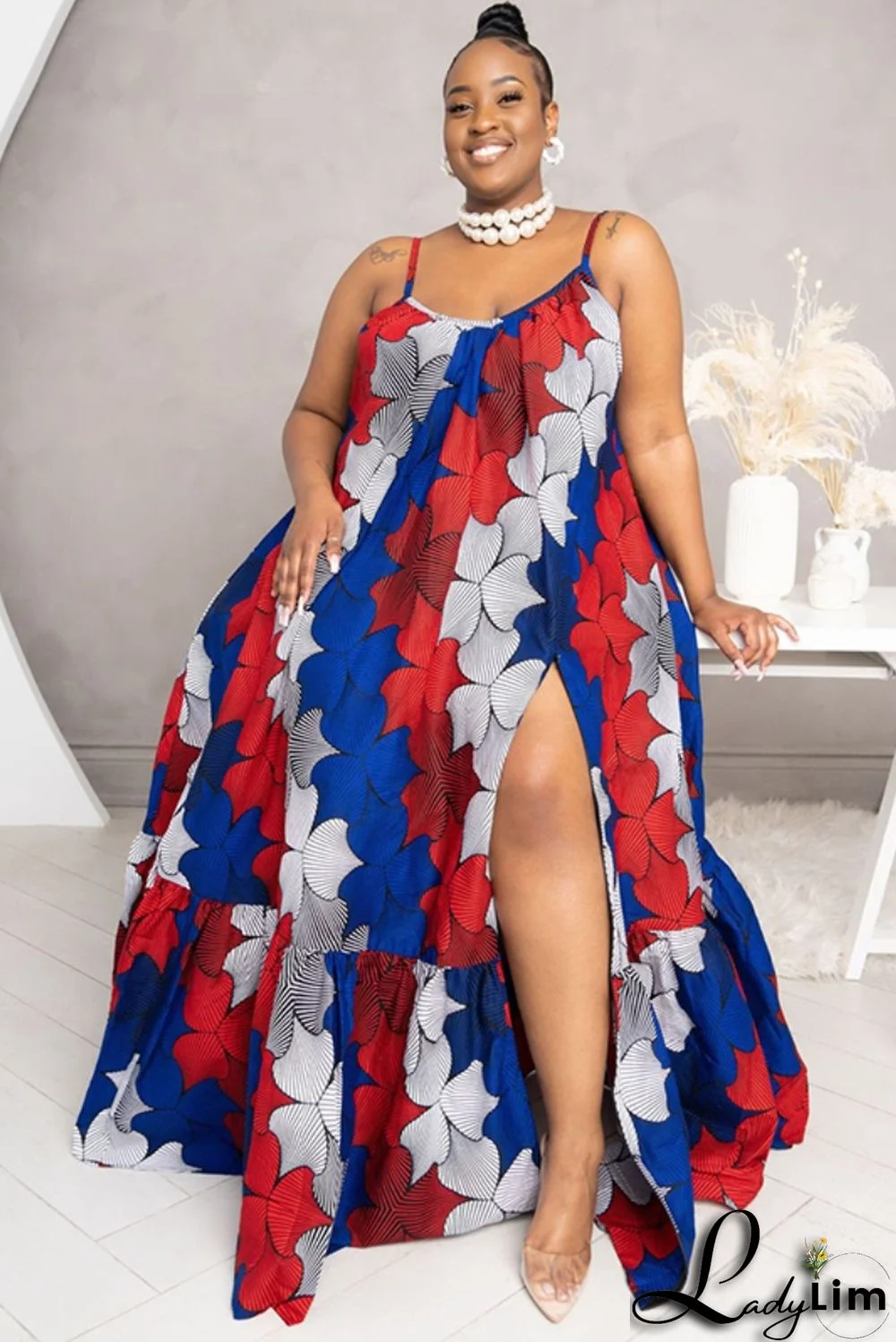 Summer Plus Size Casual Print Strap Slit Long Maxi Dress