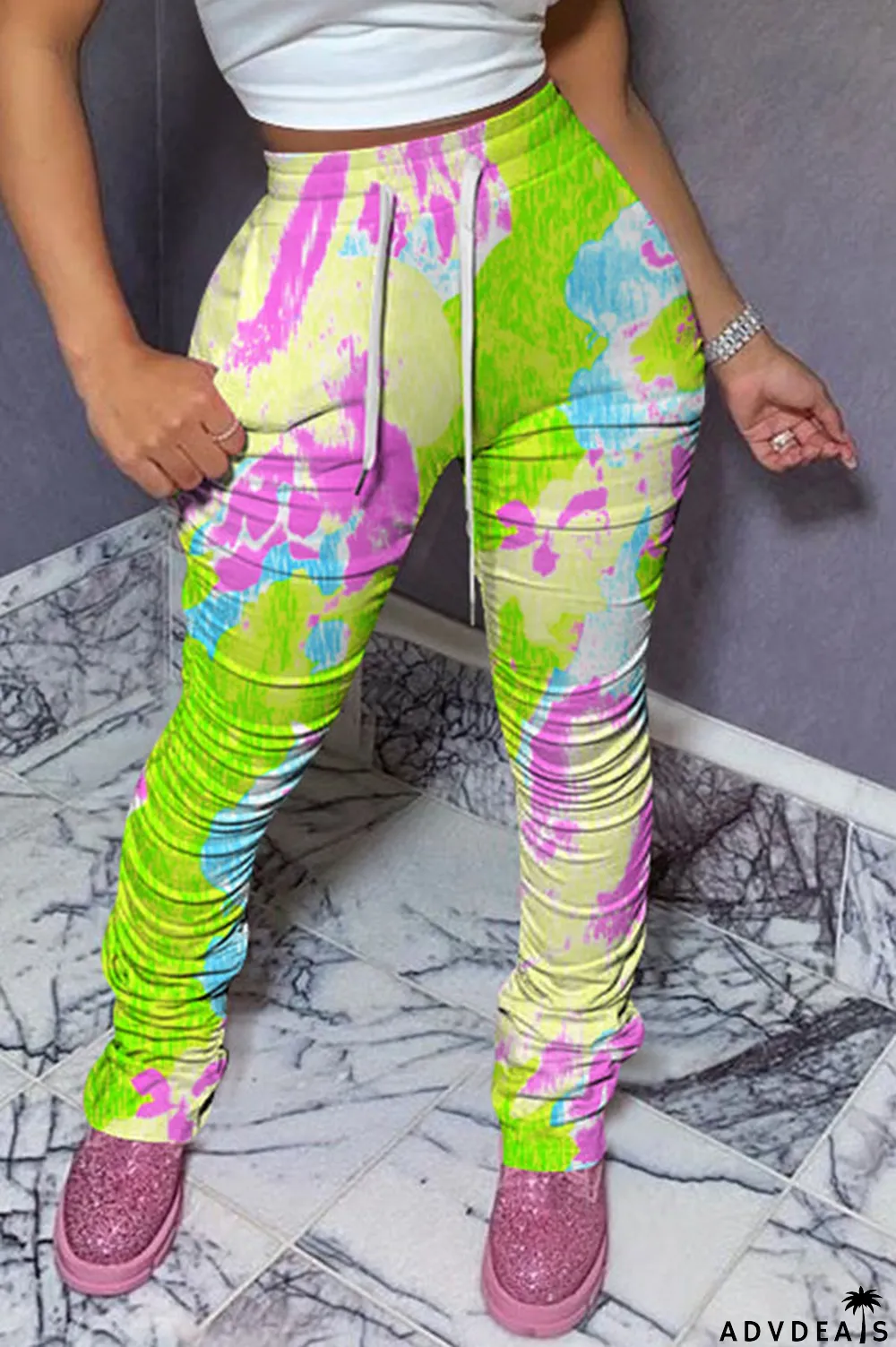 Green colour Polyester Drawstring Sleeveless High Patchwork Print bandage Draped pencil Pants Bottoms