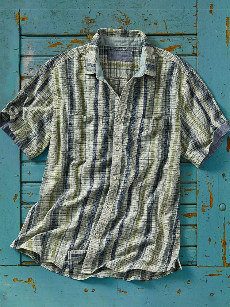Men's Casual Retro Striped Printed Short Sleeved Shirt