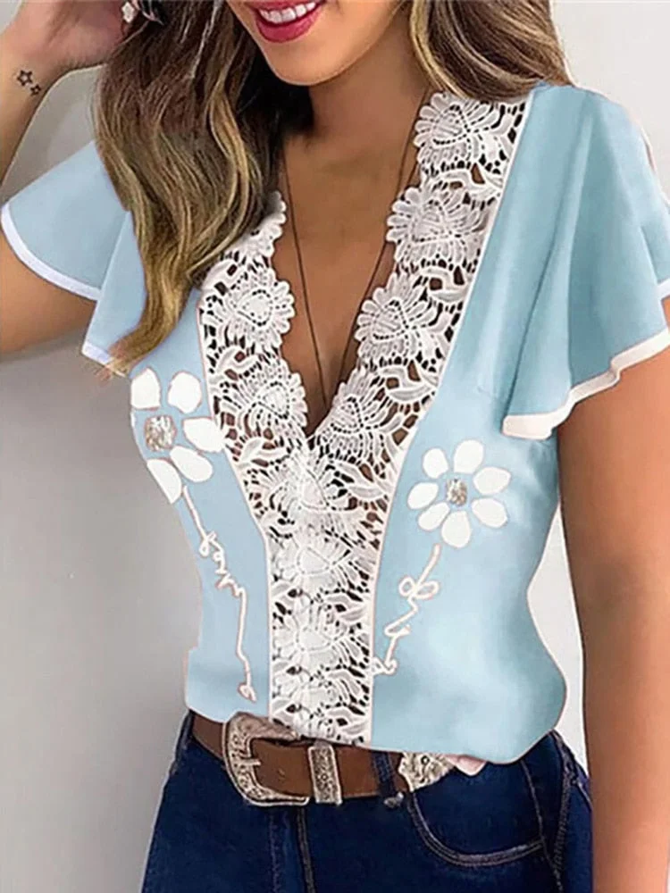 Hollow Out Sexy Lace Blouse Elegant Butterfly Sleeve Solid Blouse Shirt Office Lady O Neck Ruffles Patchwork Blusas Tops S-5XL