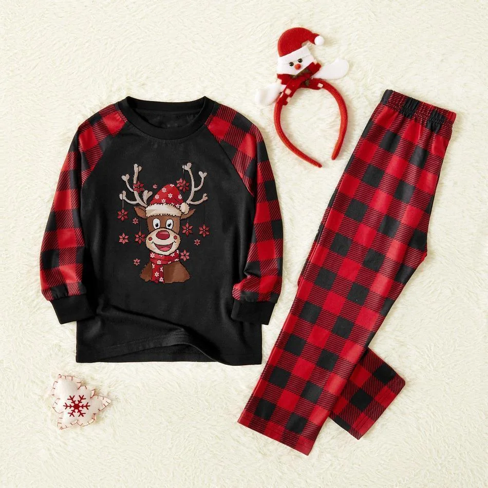 Cartoon Deer Contrast top and Plaid Pants Family Matching Pajamas Set in Black